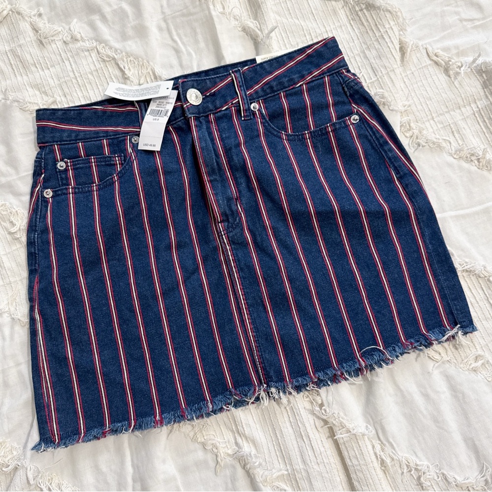 AE Striped Denim Mini Skirt High Rise Raw Hem NWT Sz 8